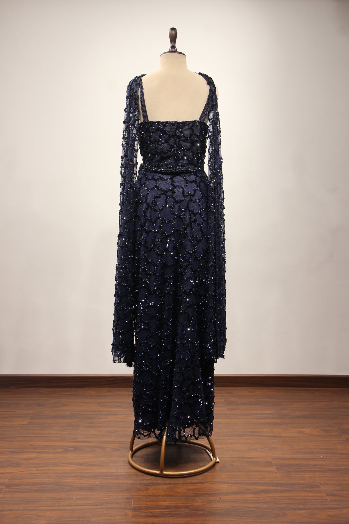 Imported Indo Western Net Corset Set with Sequin & Cut Dana Handwork in Blue – back view