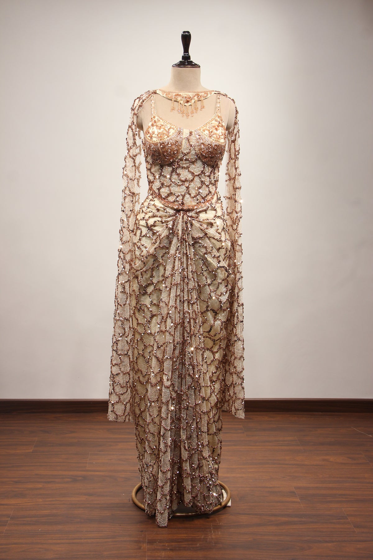 Imported Indo Western Net Corset Set with Sequin & Cut Dana Handwork in Gold – front view