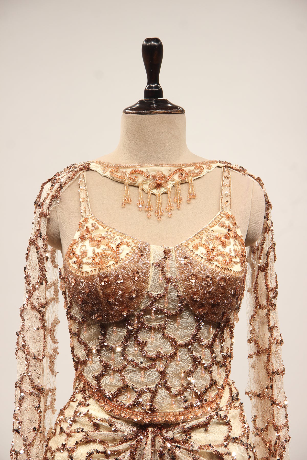 Imported Indo Western Net Corset Set with Sequin & Cut Dana Handwork in Gold – front close-up