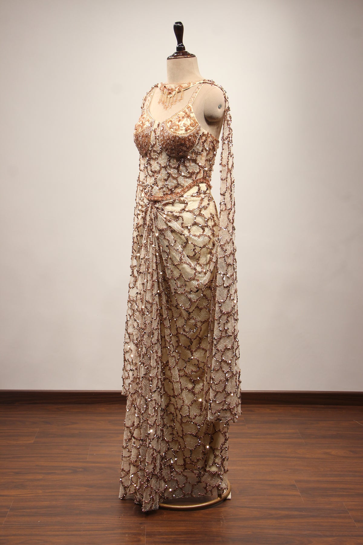 Imported Indo Western Net Corset Set with Sequin & Cut Dana Handwork in Gold – side view
