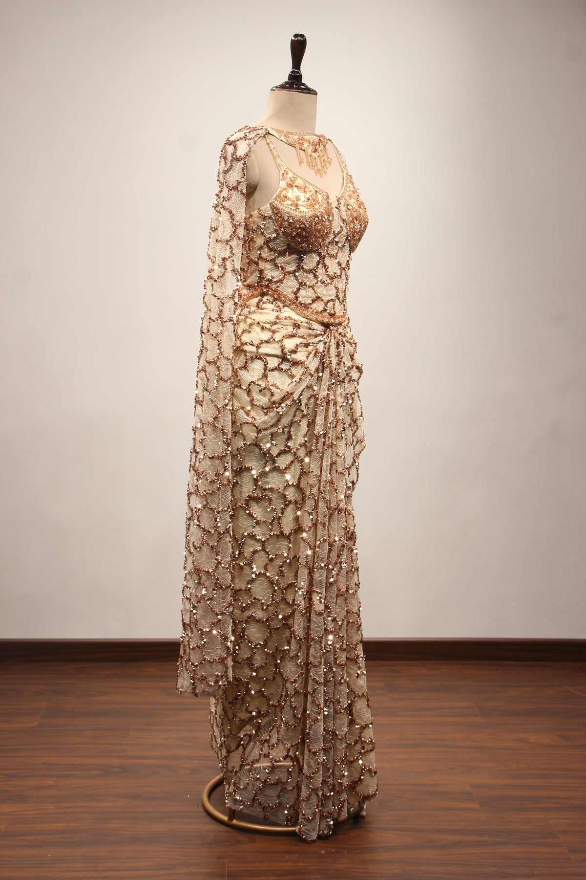 Imported Indo Western Net Corset Set with Sequin & Cut Dana Handwork in Gold – other side view