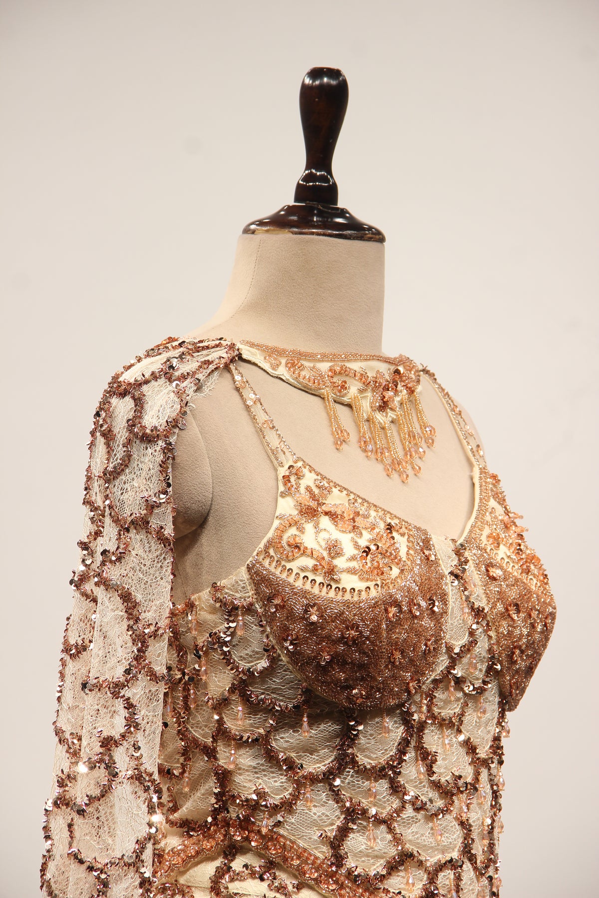 Imported Indo Western Net Corset Set with Sequin & Cut Dana Handwork in Gold – other side close-up