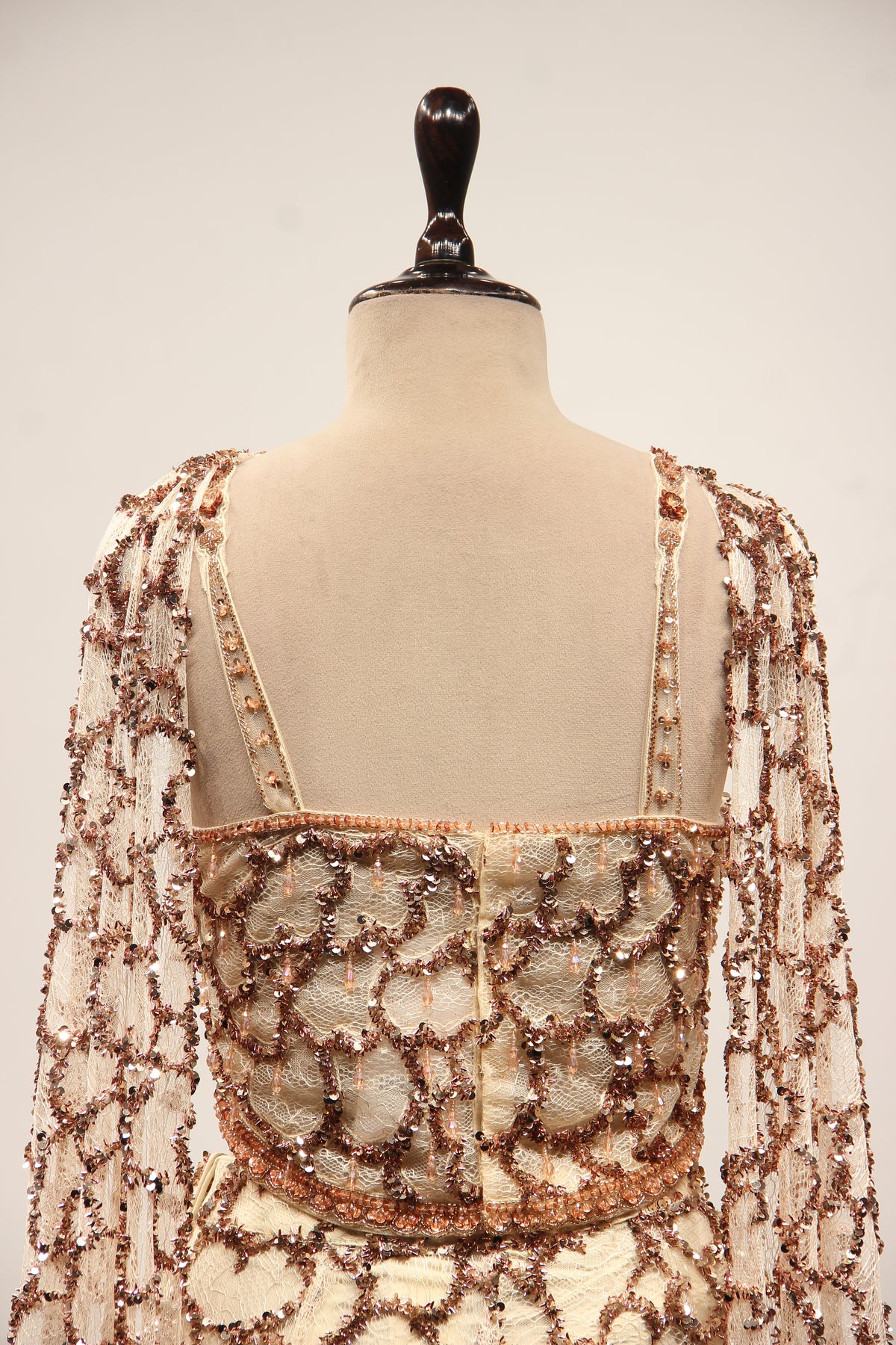 Imported Indo Western Net Corset Set with Sequin & Cut Dana Handwork in Gold – back close-up