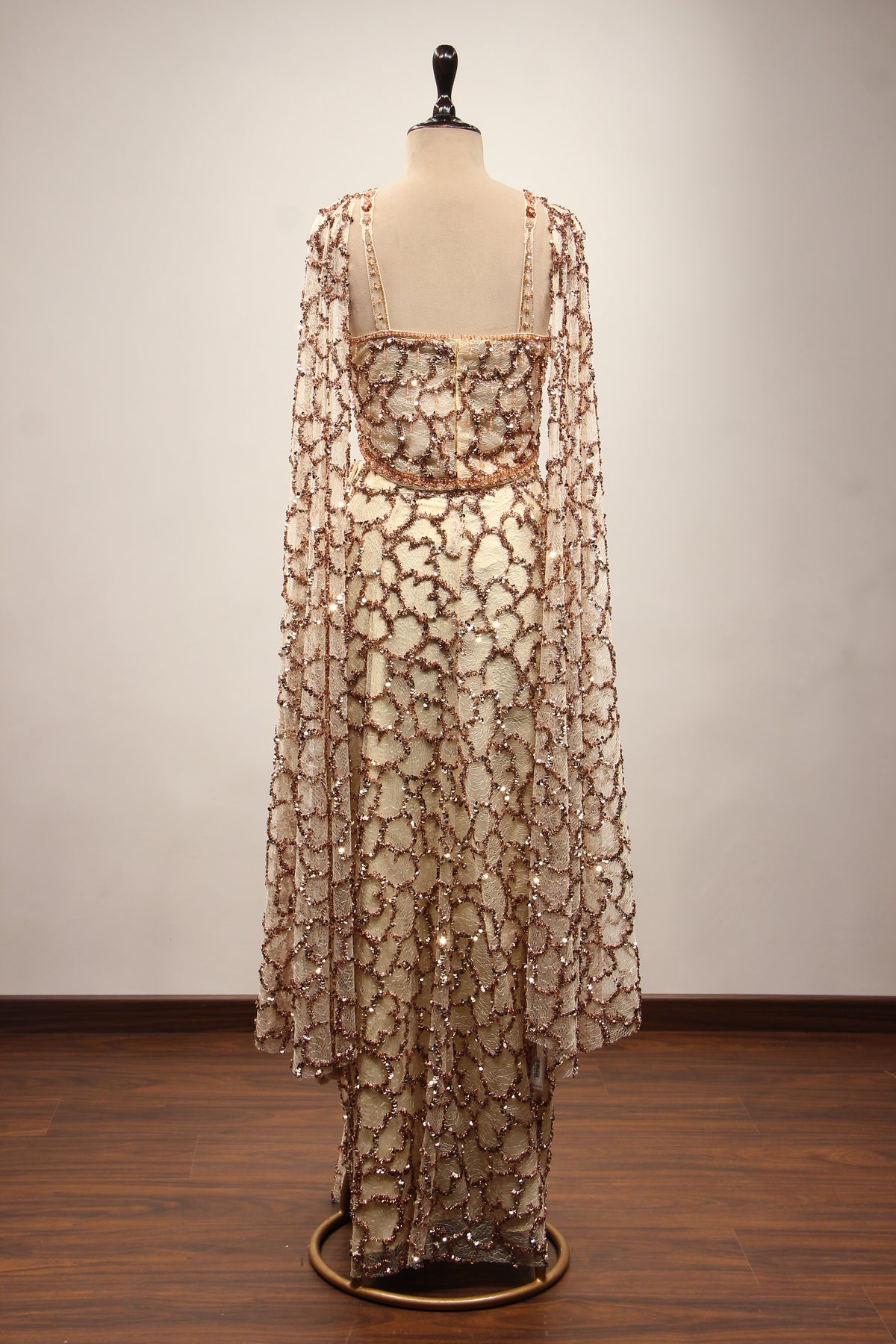 Imported Indo Western Net Corset Set with Sequin & Cut Dana Handwork in Gold – back view