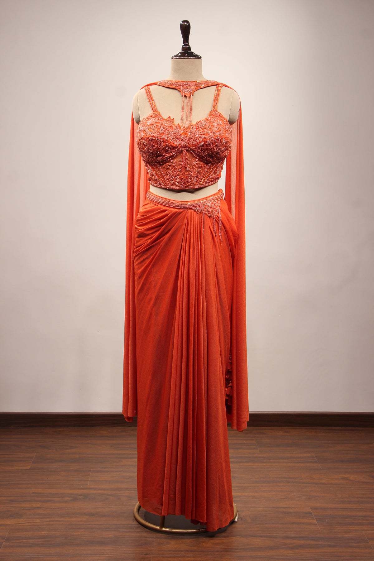 Imported Indo Western Choker Dupatta Set with Bead & Sequin Handwork in Orange – front view