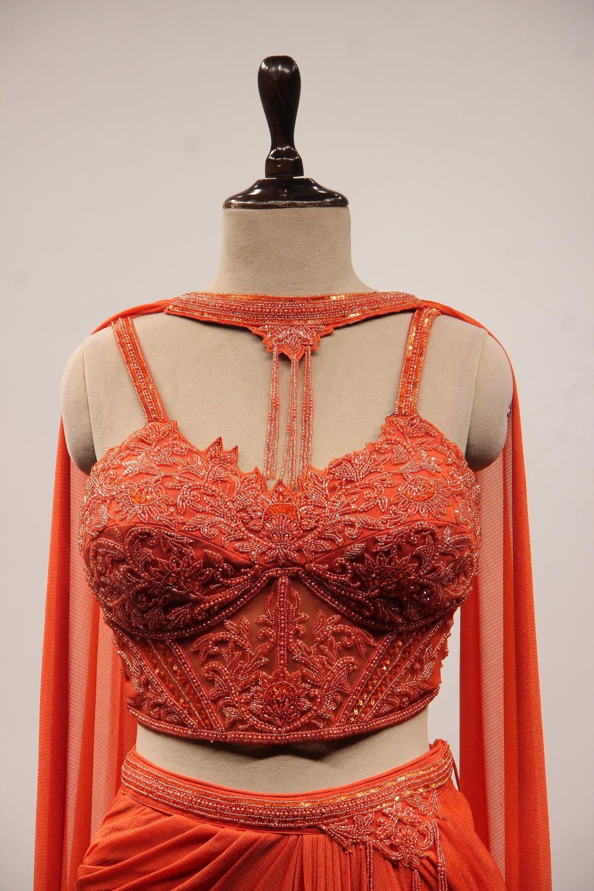 Imported Indo Western Choker Dupatta Set with Bead & Sequin Handwork in Orange – front close-up