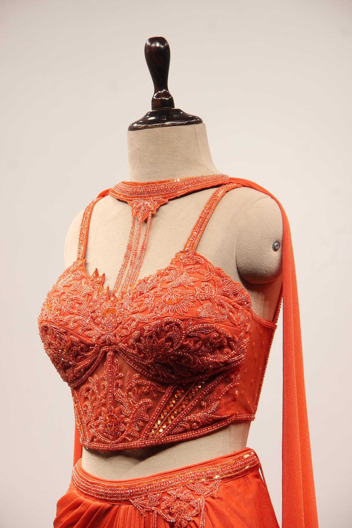 Imported Indo Western Choker Dupatta Set with Bead & Sequin Handwork in Orange – side close-up