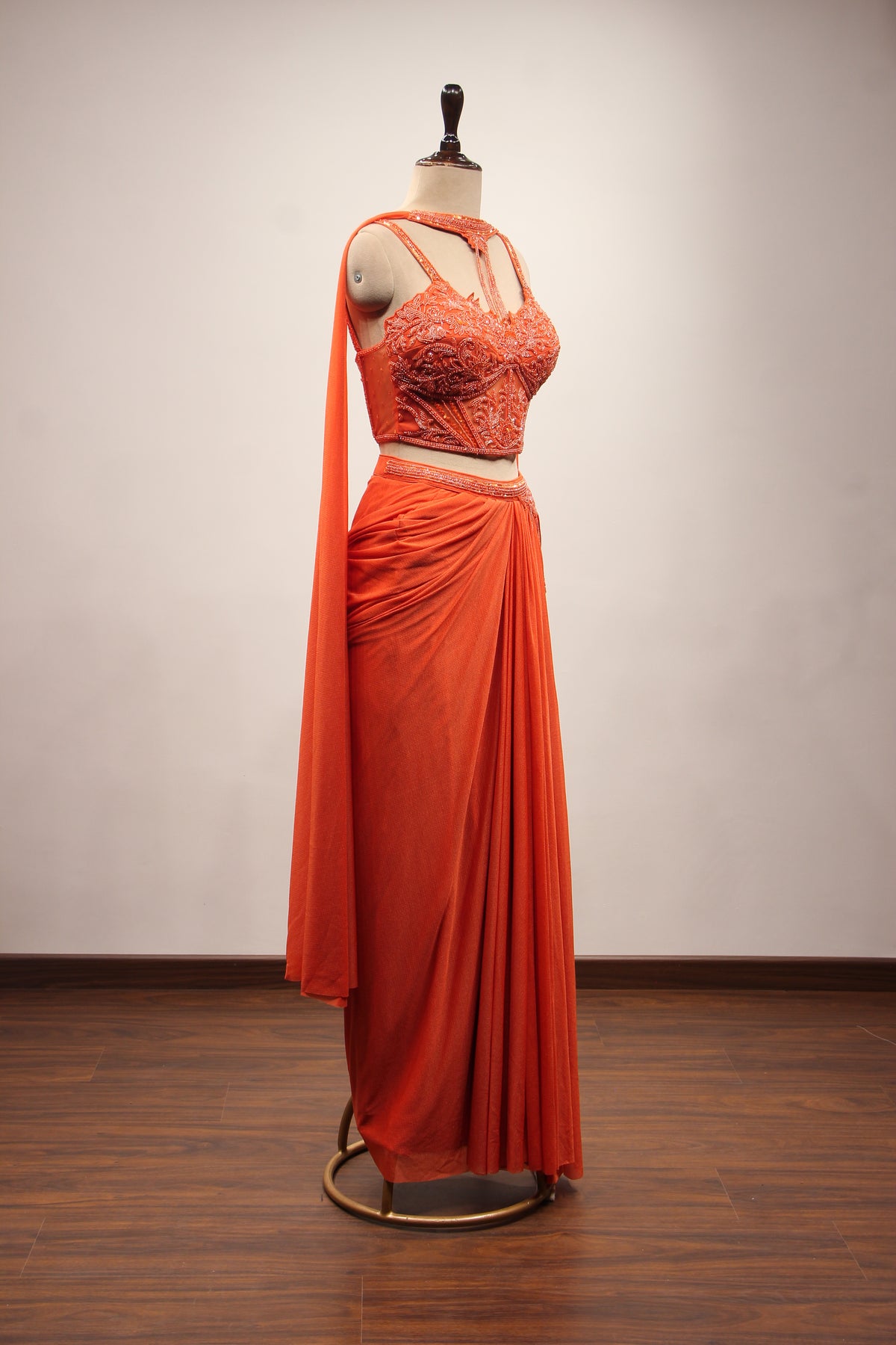 Imported Indo Western Choker Dupatta Set with Bead & Sequin Handwork in Orange – other side view