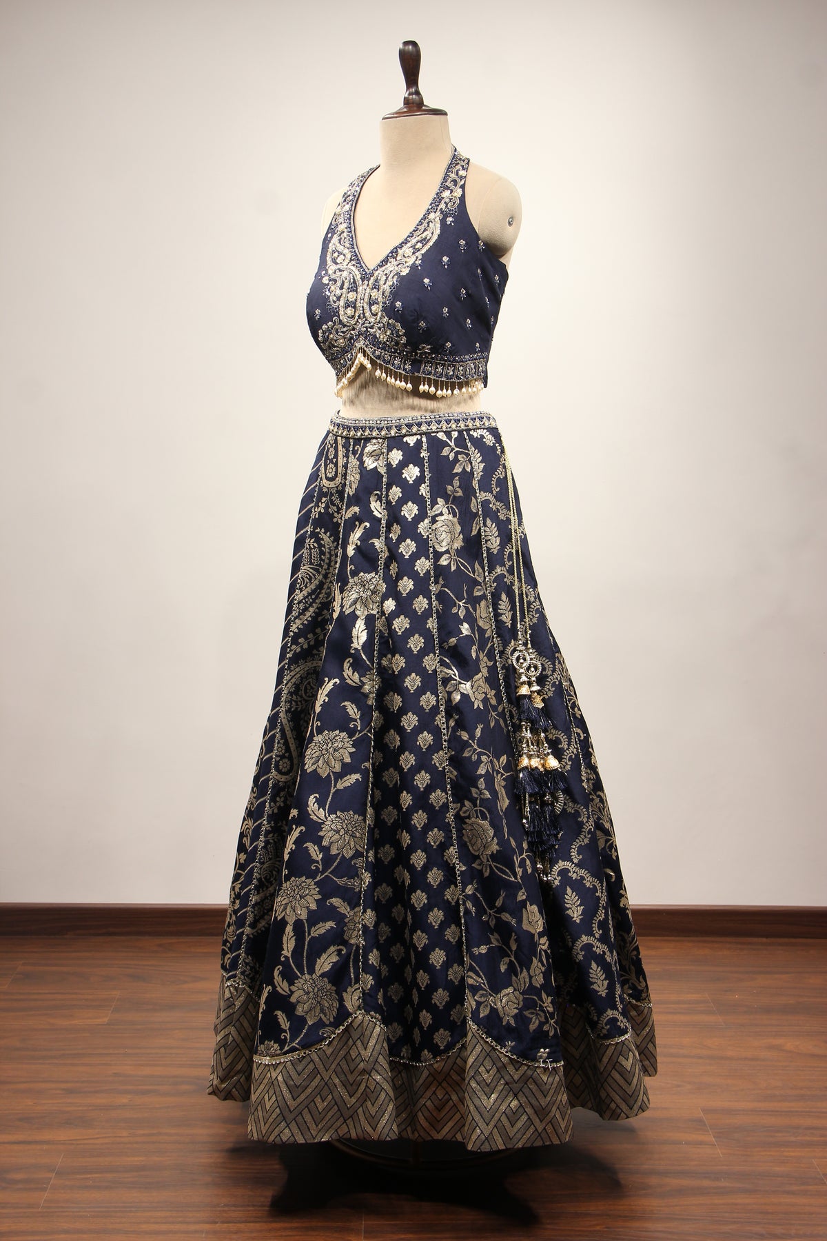 Banarasi Brocade Lehenga with Handwork & Cut Dana Jacket in Blue – side view, without jacket