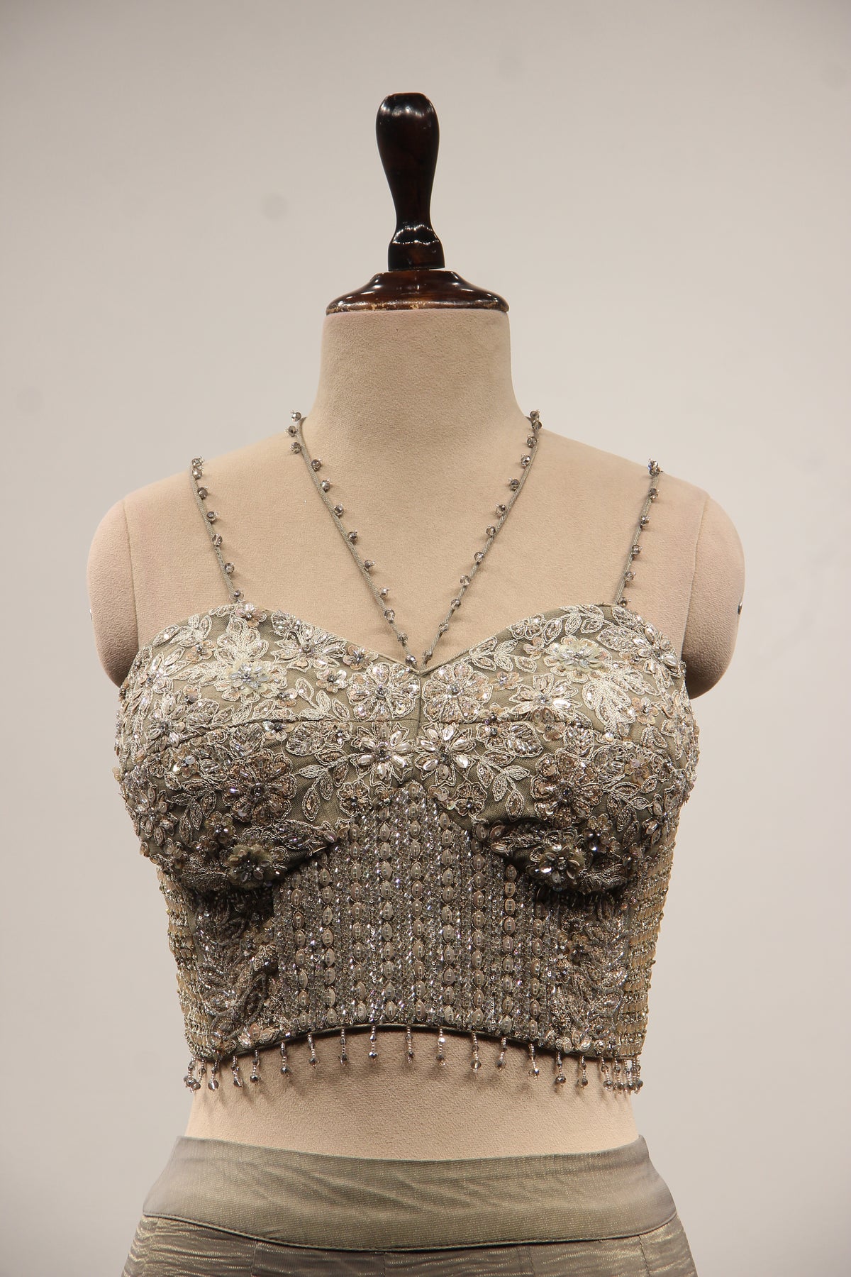 Grey Tissue Corset Lehenga with Sequin & Stone Handwork and Net Shrug – front close-up, without shrug