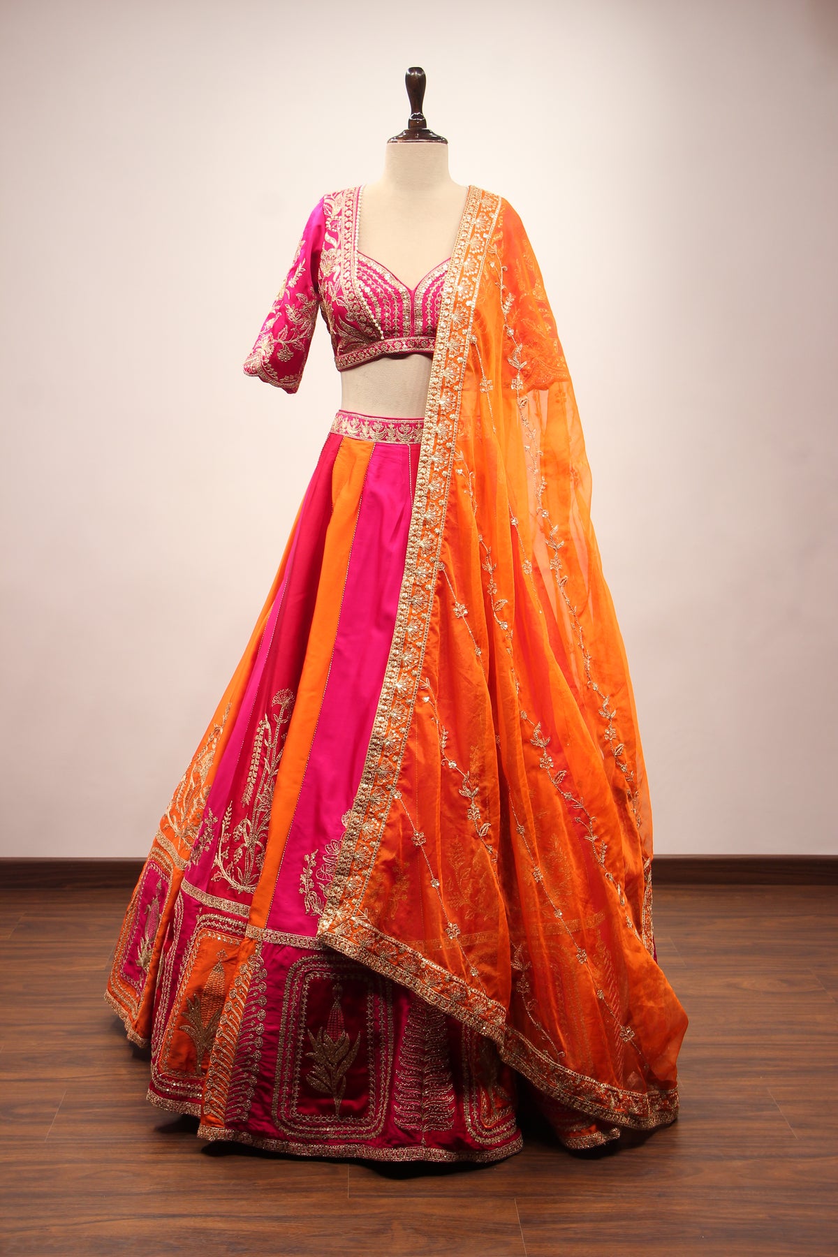 Orange Silk Panelled Lehenga with Zari & Sequin Handwork Crop Top – front view