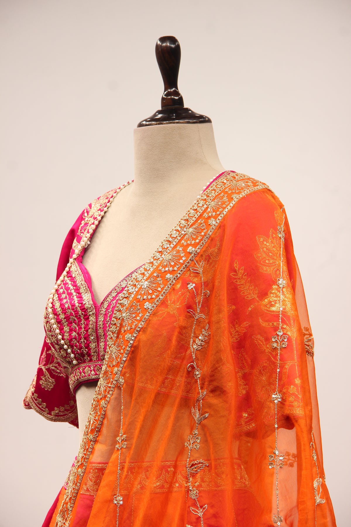 Orange Silk Panelled Lehenga with Zari & Sequin Handwork Crop Top – side close-up