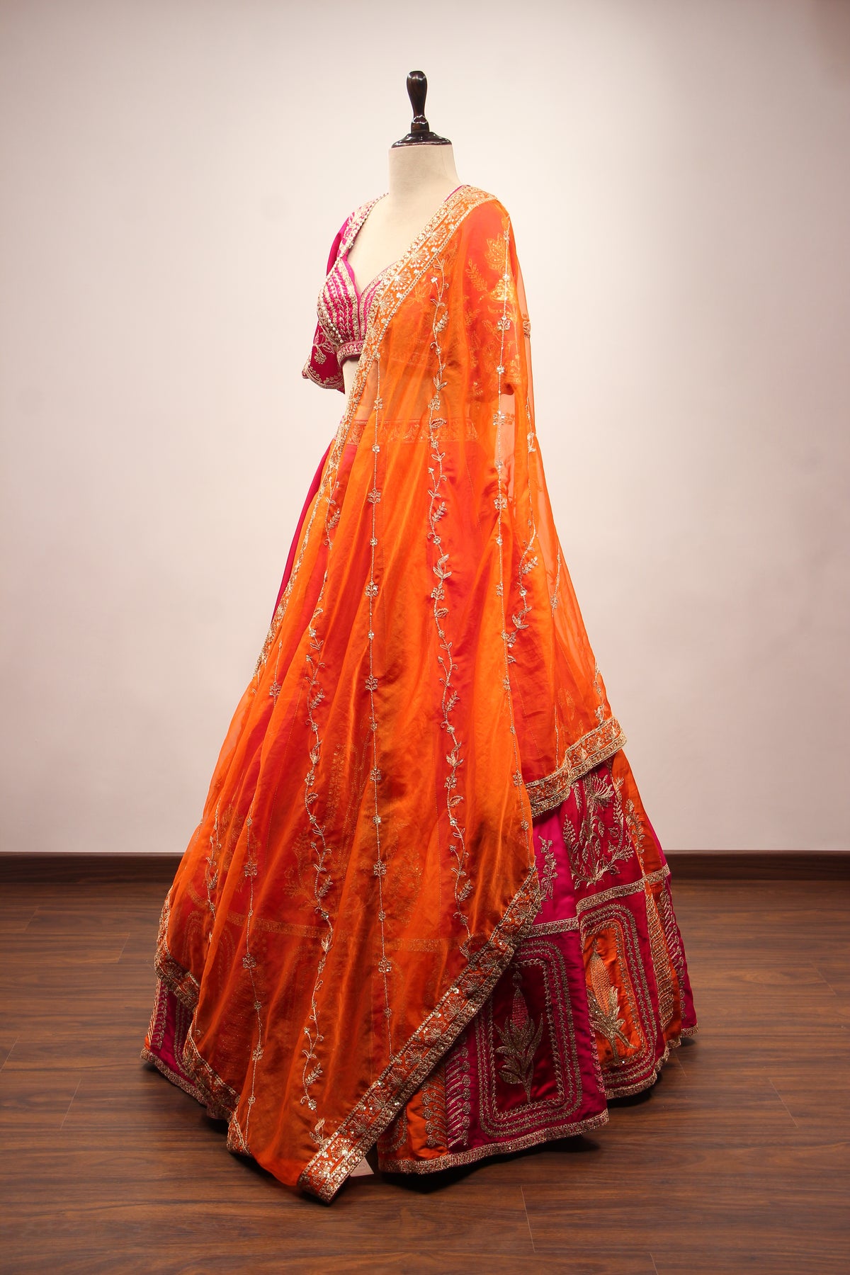 Orange Silk Panelled Lehenga with Zari & Sequin Handwork Crop Top – side view