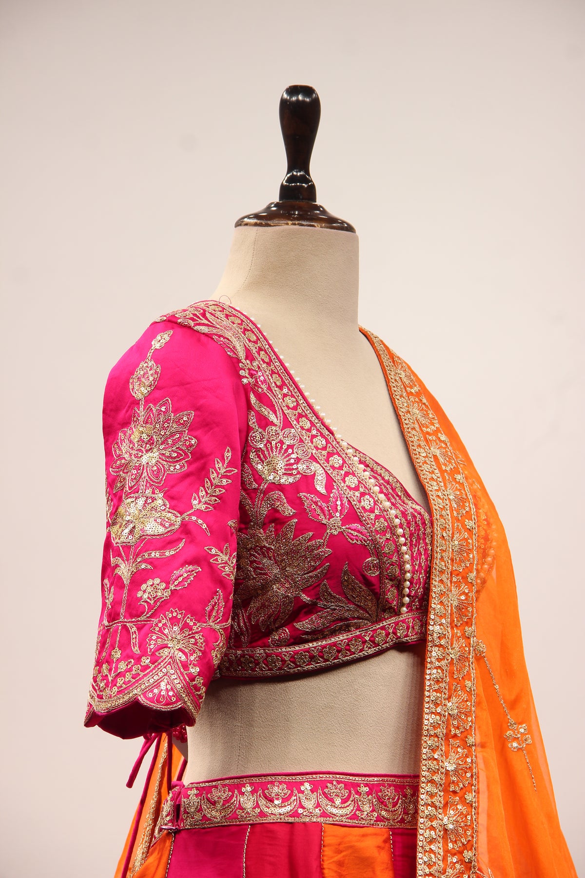 Orange Silk Panelled Lehenga with Zari & Sequin Handwork Crop Top – other side close-up