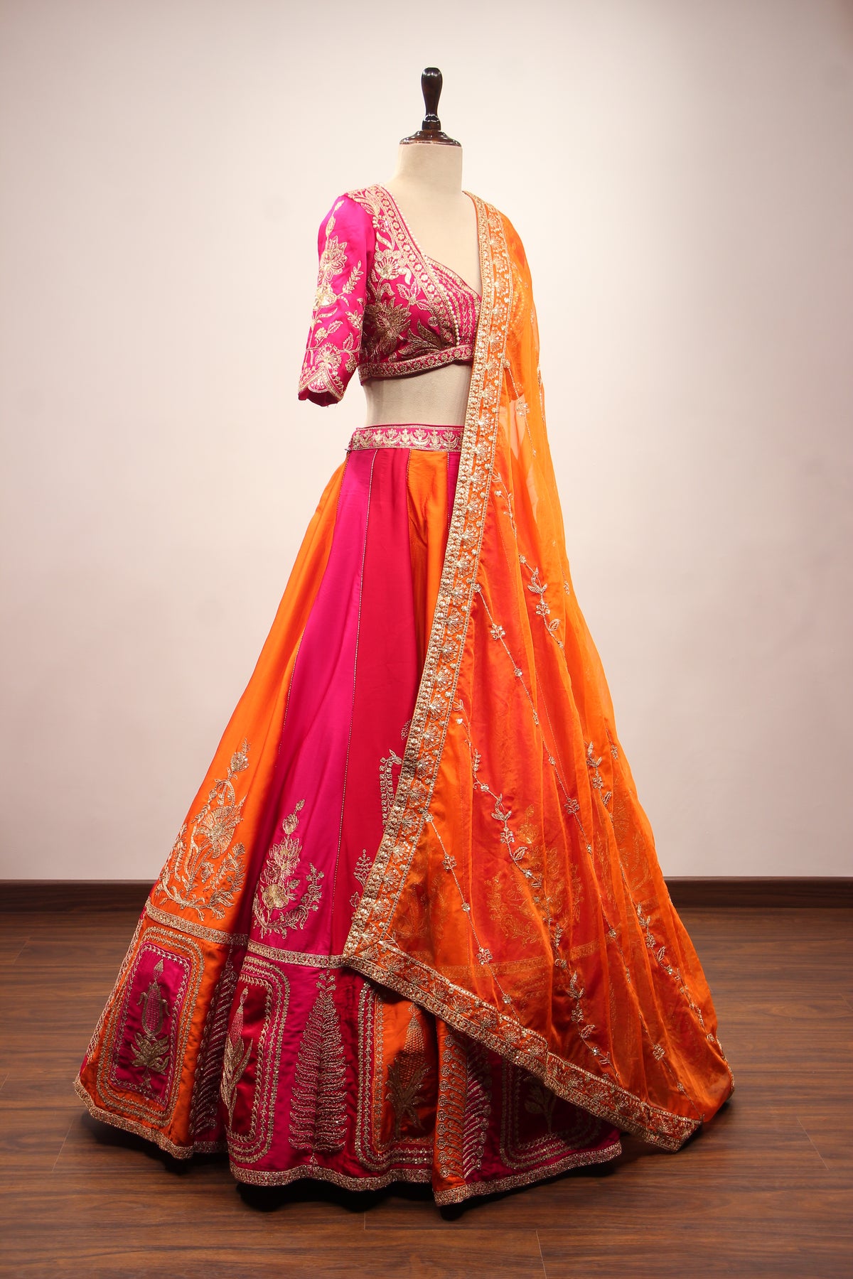 Orange Silk Panelled Lehenga with Zari & Sequin Handwork Crop Top – other side view