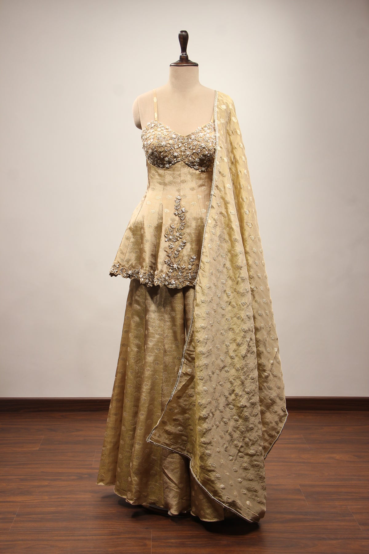 Tissue & Brocade Peplum Suit with Hand Embroidery & Sequin Handwork in Gold – front view
