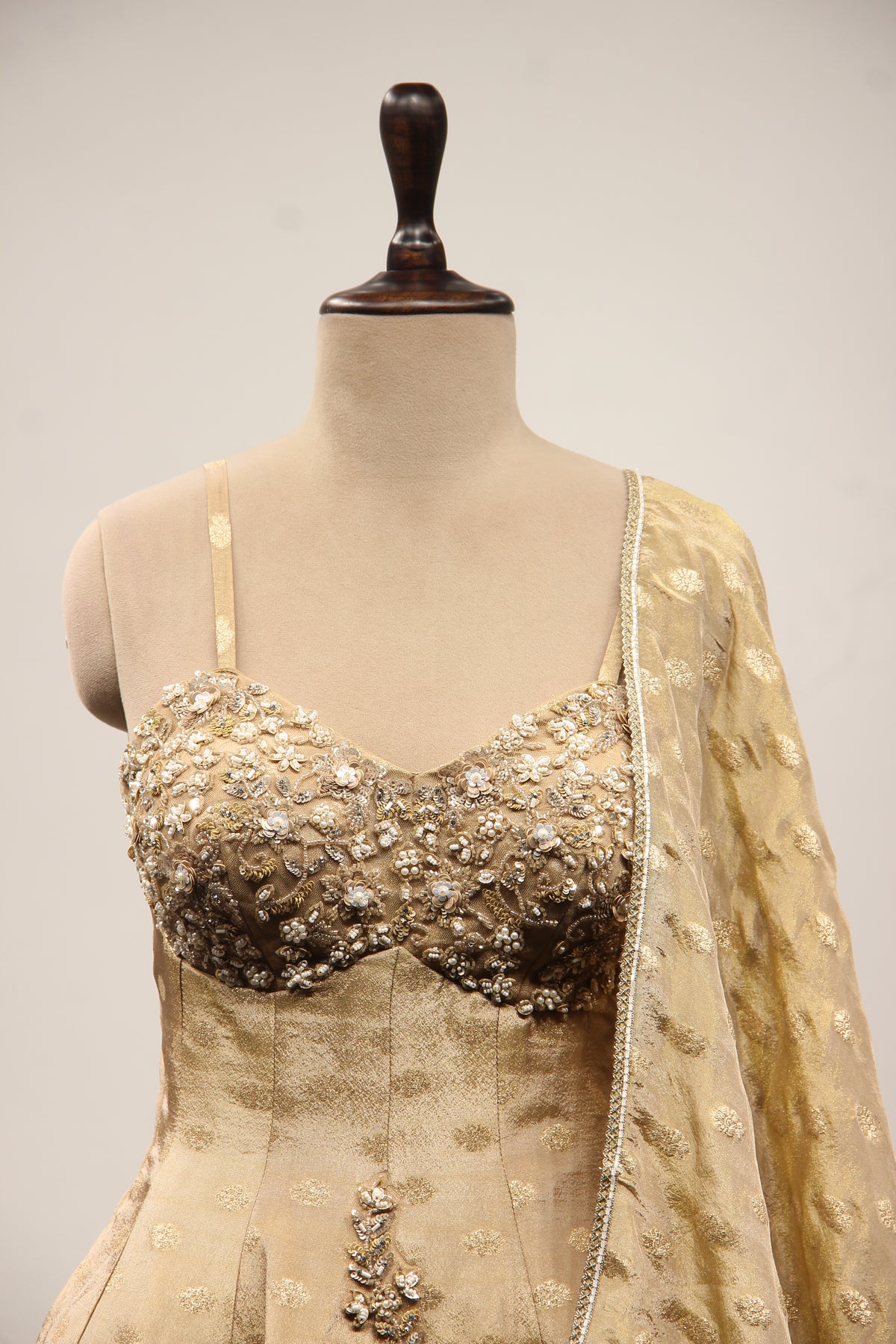 Tissue & Brocade Peplum Suit with Hand Embroidery & Sequin Handwork in Gold – front close-up