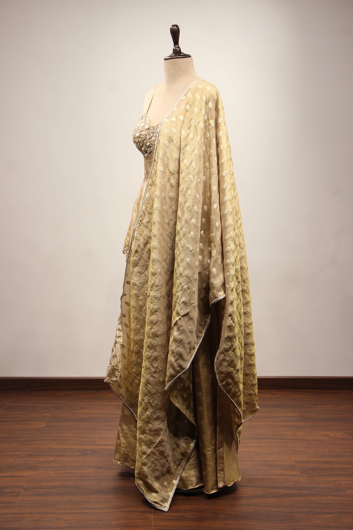 Tissue & Brocade Peplum Suit with Hand Embroidery & Sequin Handwork in Gold – side view