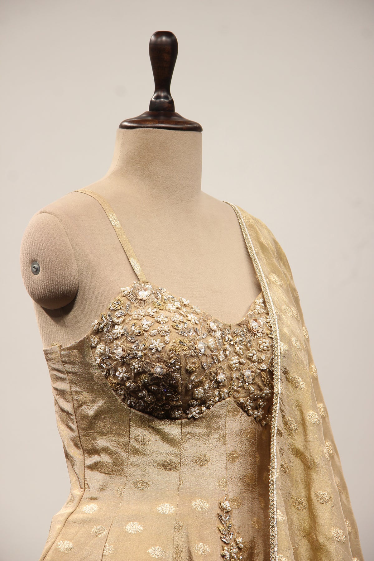 Tissue & Brocade Peplum Suit with Hand Embroidery & Sequin Handwork in Gold – other side close-up