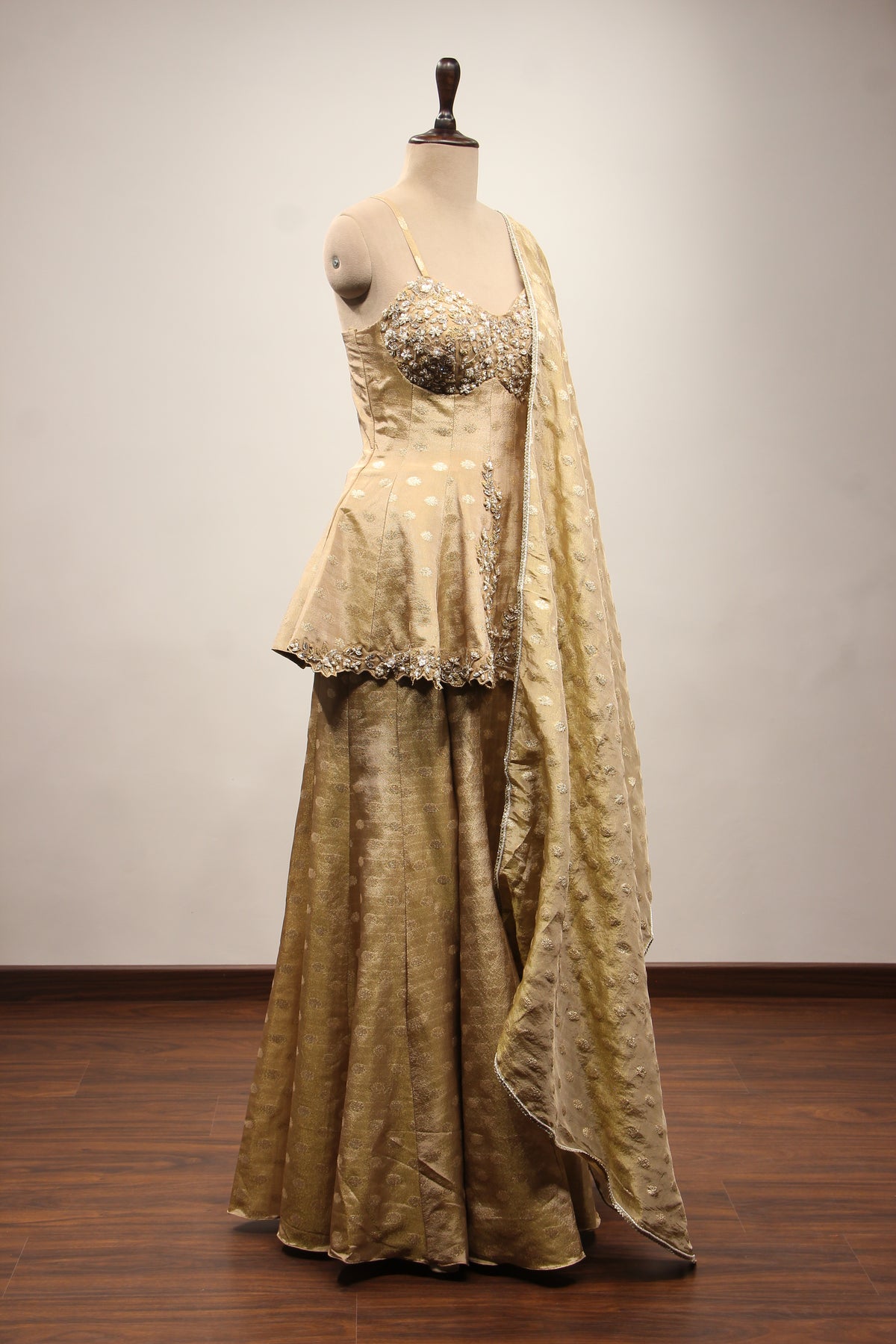 Tissue & Brocade Peplum Suit with Hand Embroidery & Sequin Handwork in Gold – other side view