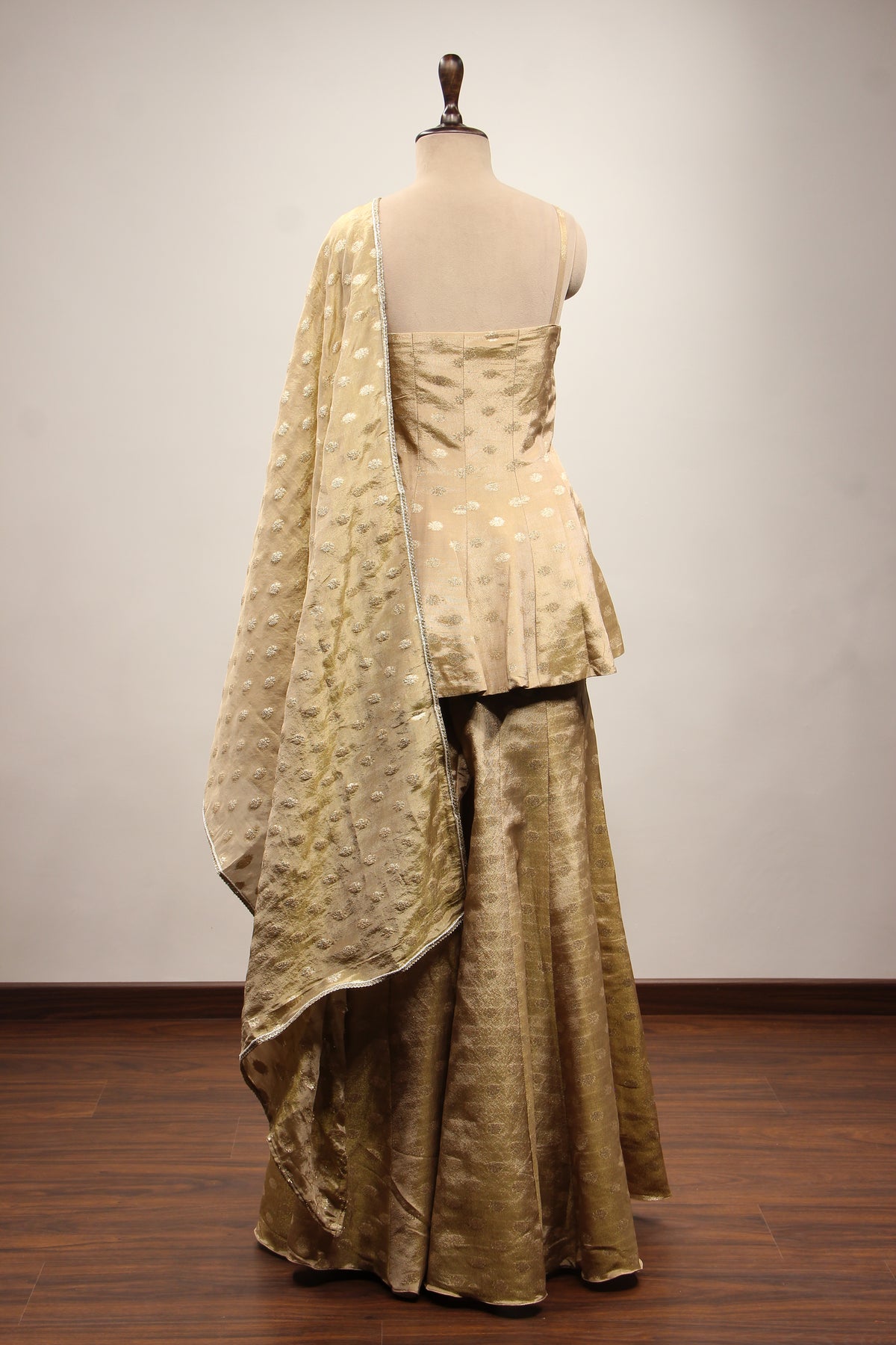 Tissue & Brocade Peplum Suit with Hand Embroidery & Sequin Handwork in Gold – back view