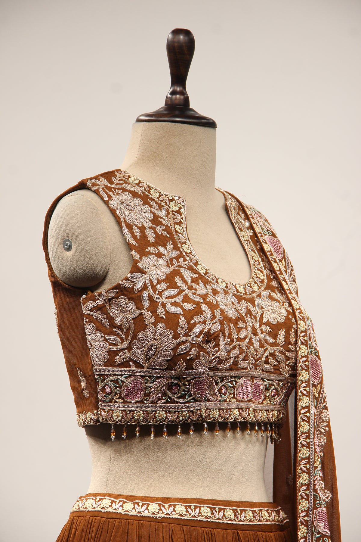Georgette Lehenga with Resham & Cut Dana Handwork and Beaded Crop Top in Brown – other side close-up
