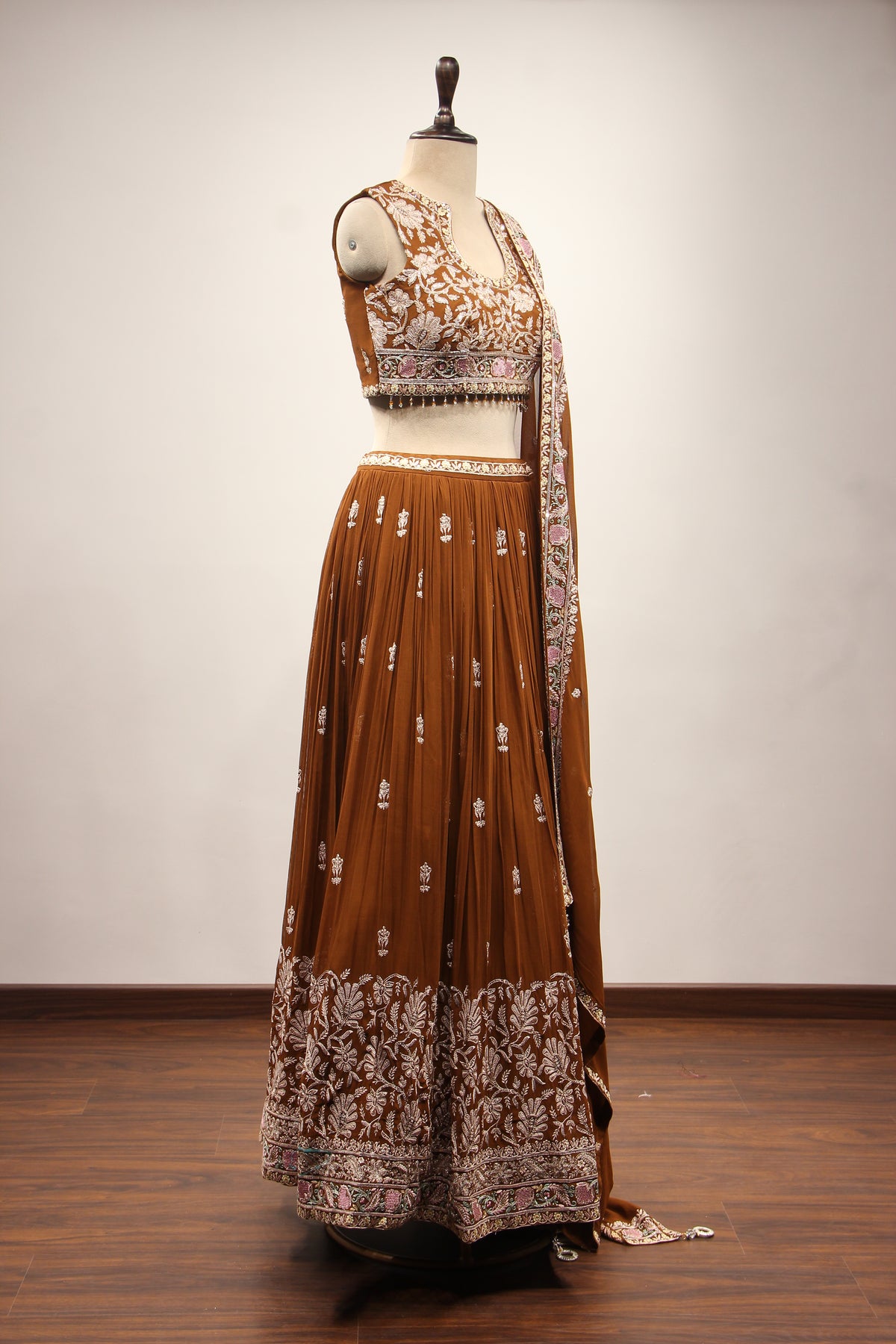 Georgette Lehenga with Resham & Cut Dana Handwork and Beaded Crop Top in Brown – other side view
