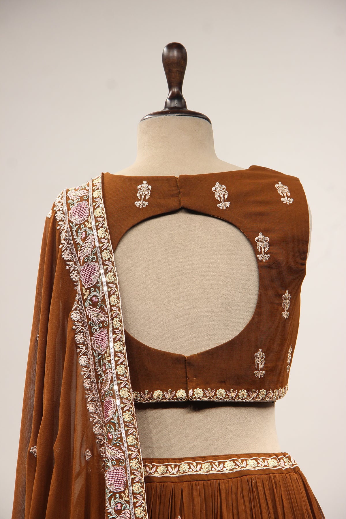 Georgette Lehenga with Resham & Cut Dana Handwork and Beaded Crop Top in Brown – back close-up
