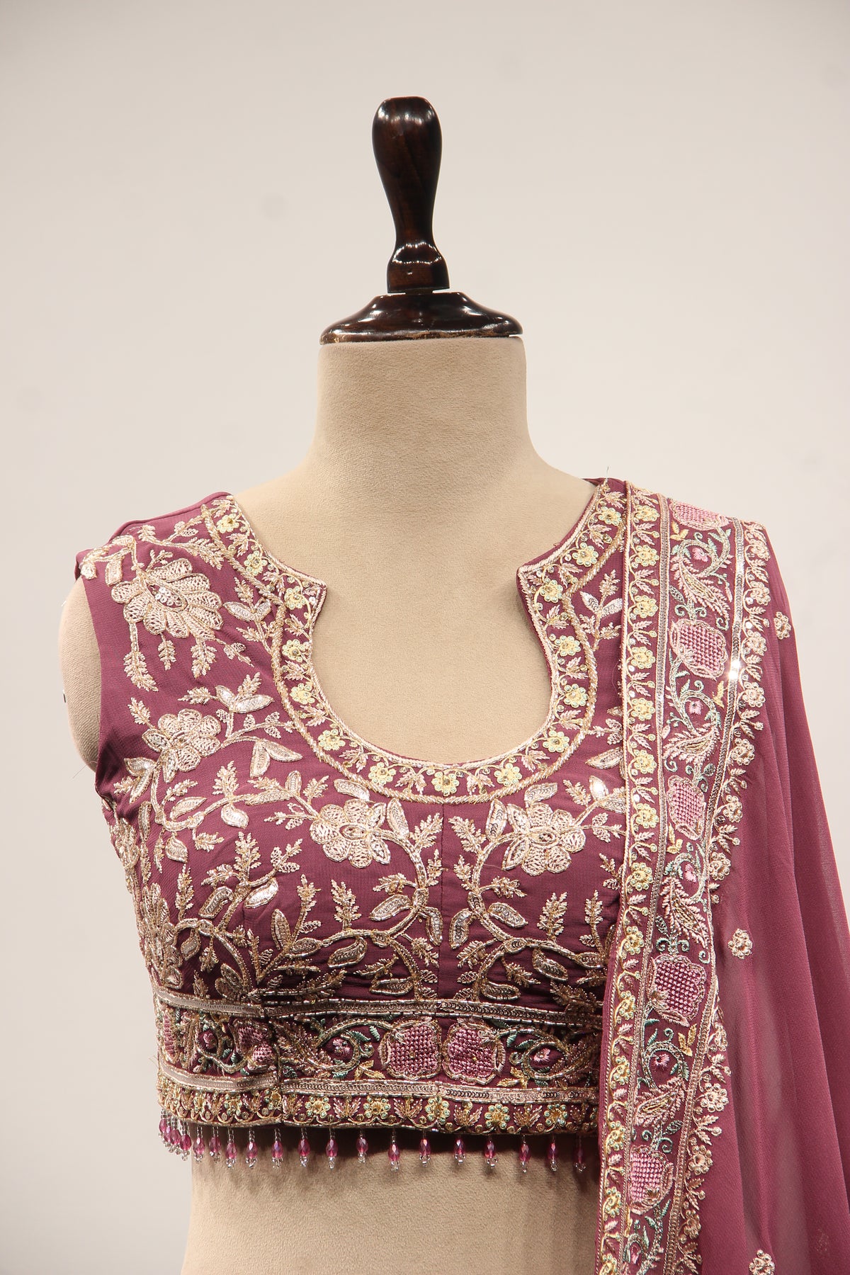 Georgette Lehenga with Resham & Cut Dana Handwork and Beaded Crop Top in Wine – front close-up
