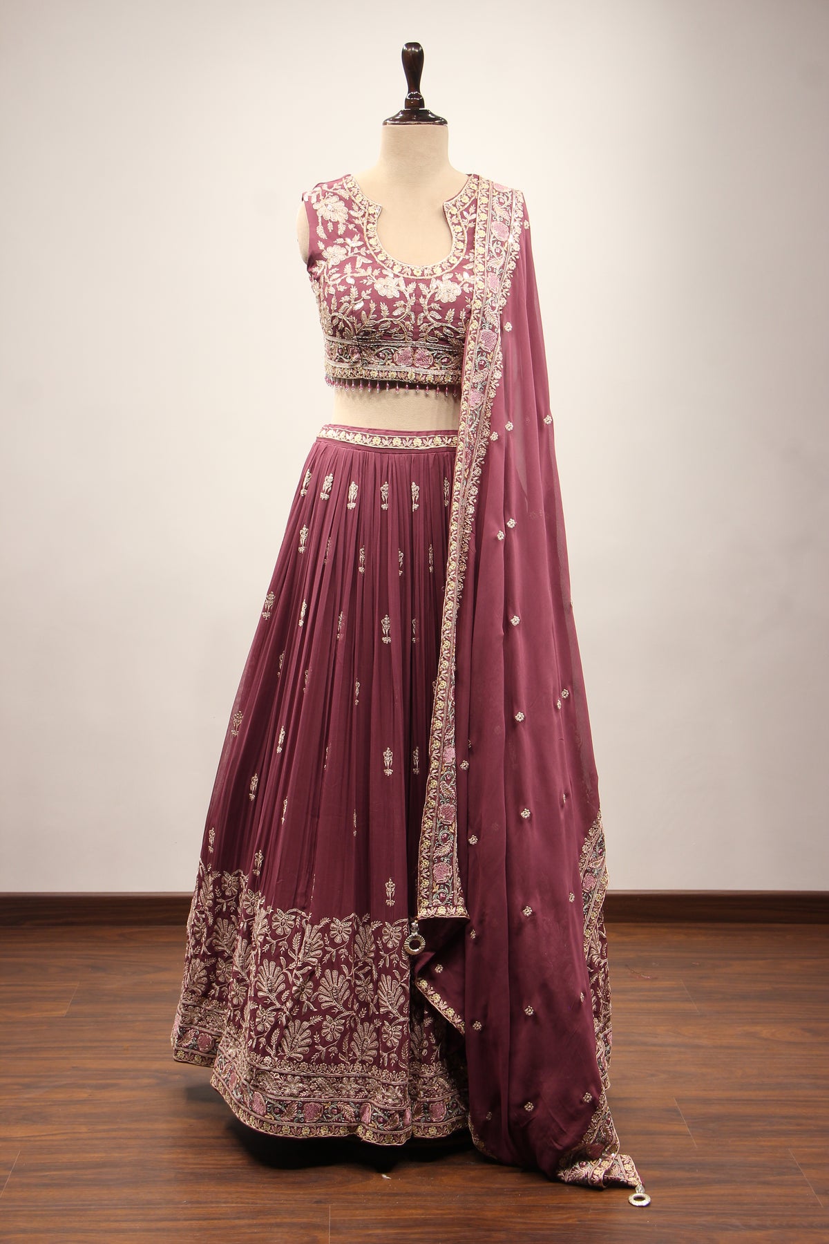 Georgette Lehenga with Resham & Cut Dana Handwork and Beaded Crop Top in Wine – front view