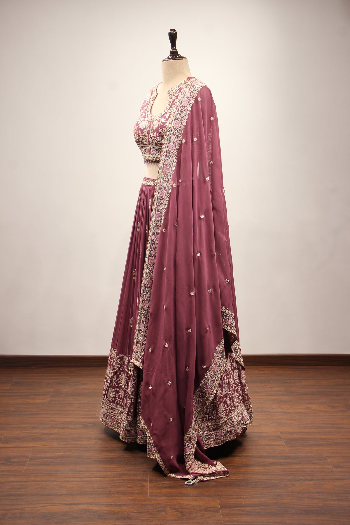 Georgette Lehenga with Resham & Cut Dana Handwork and Beaded Crop Top in Wine – side view