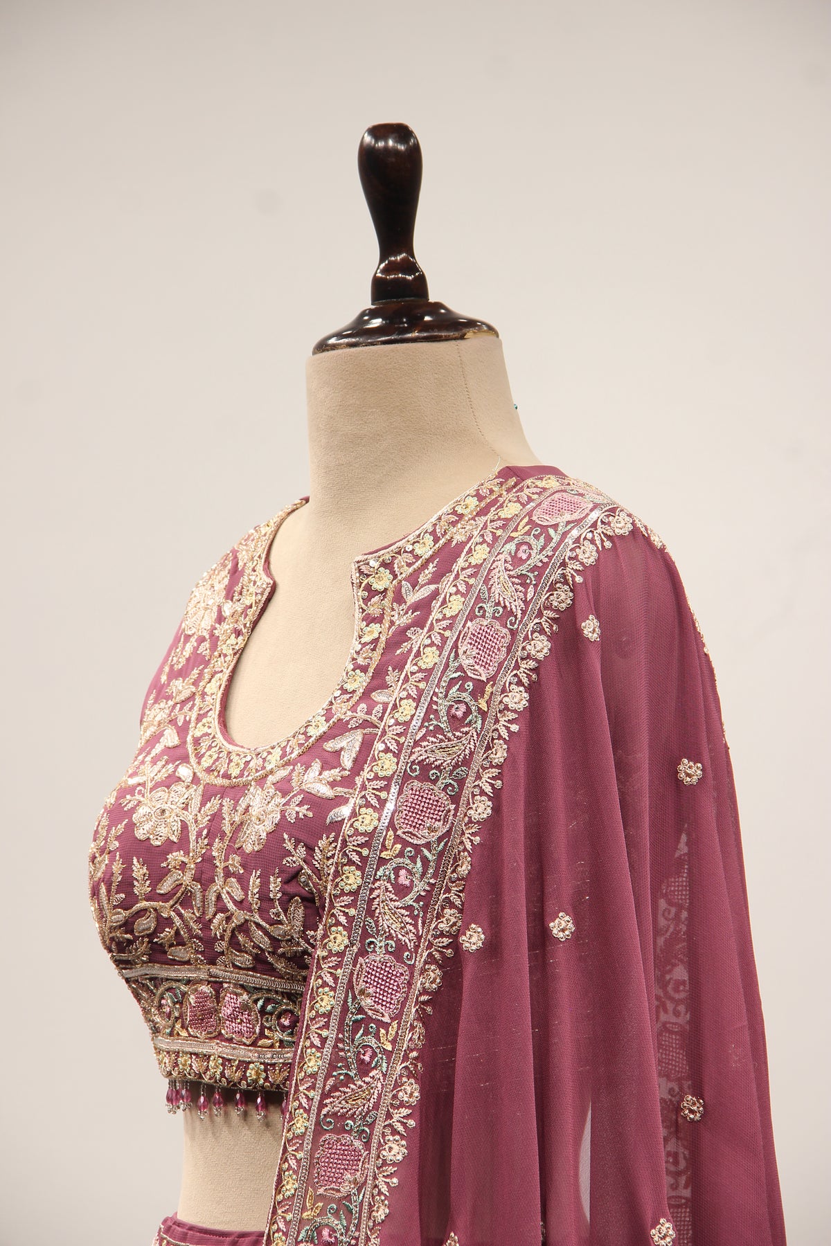 Georgette Lehenga with Resham & Cut Dana Handwork and Beaded Crop Top in Wine – side close-up