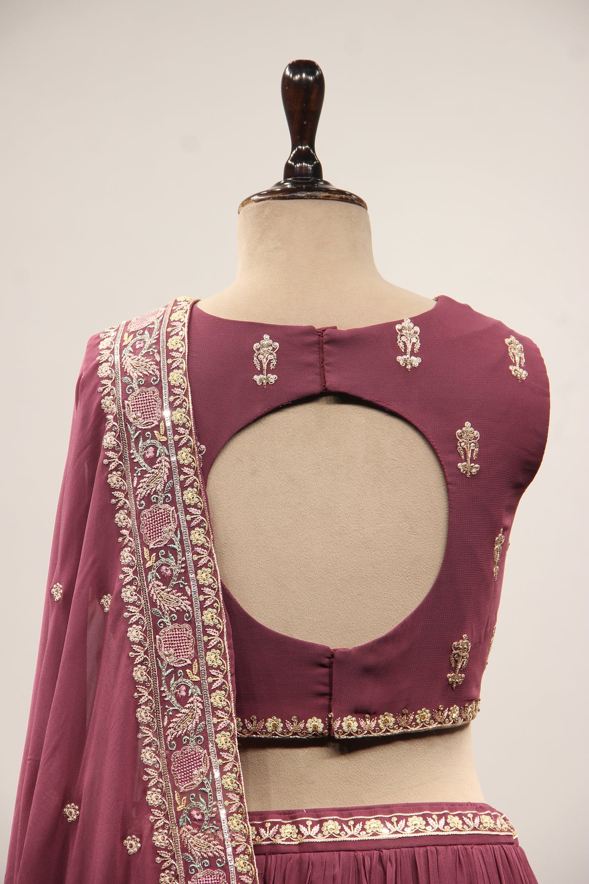 Georgette Lehenga with Resham & Cut Dana Handwork and Beaded Crop Top in Wine – back close-up