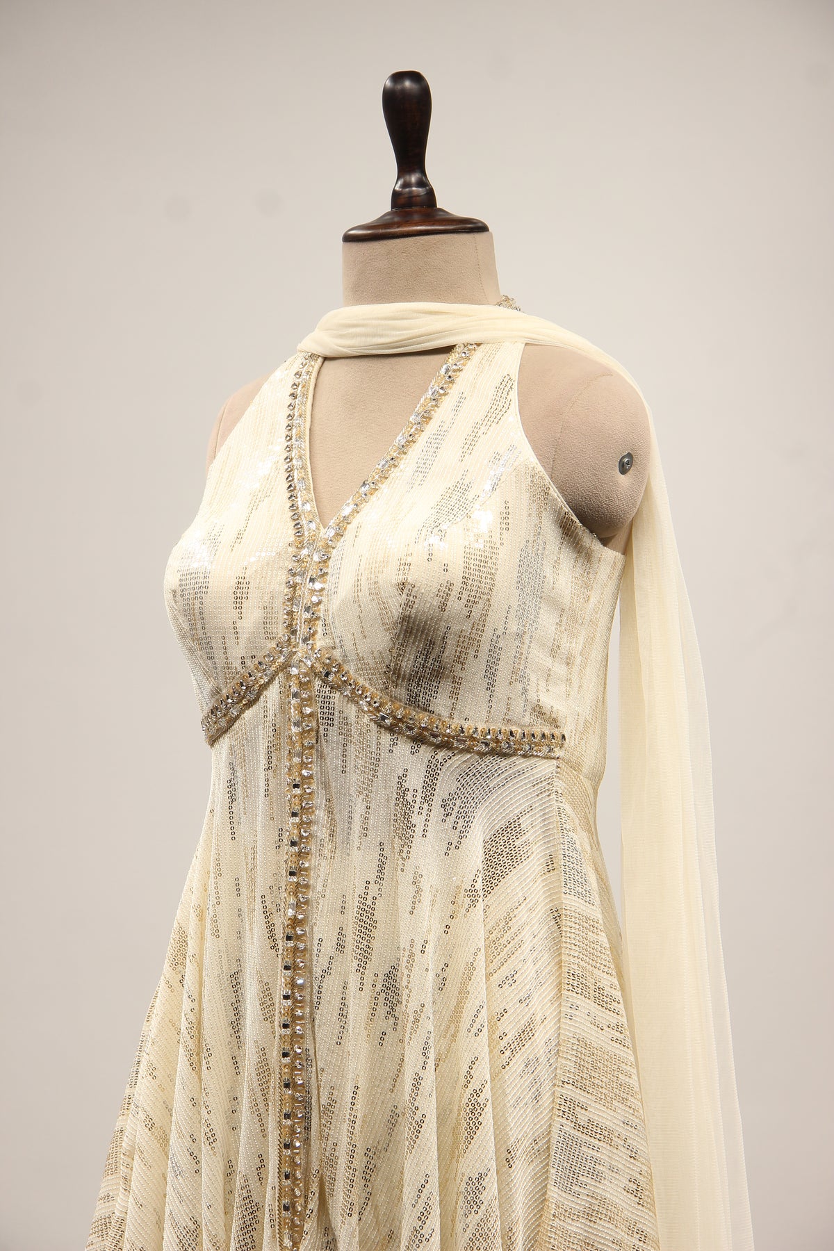 Imported Halter Peplum Indo Western with Sequin & Cut Dana Handwork in Cream – side close-up