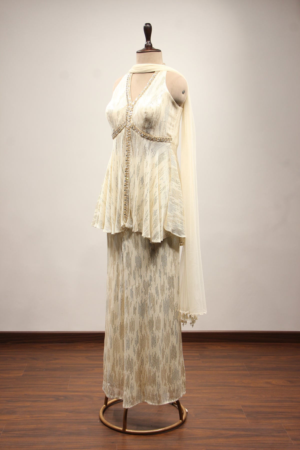 Imported Halter Peplum Indo Western with Sequin & Cut Dana Handwork in Cream – side view