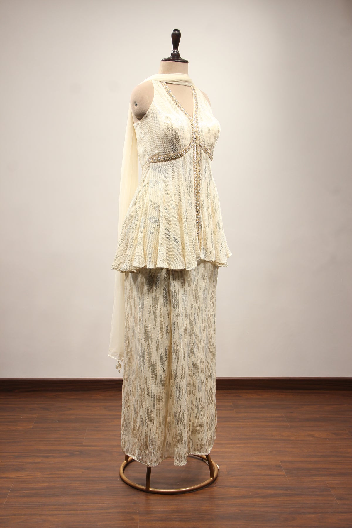 Imported Halter Peplum Indo Western with Sequin & Cut Dana Handwork in Cream – other side view