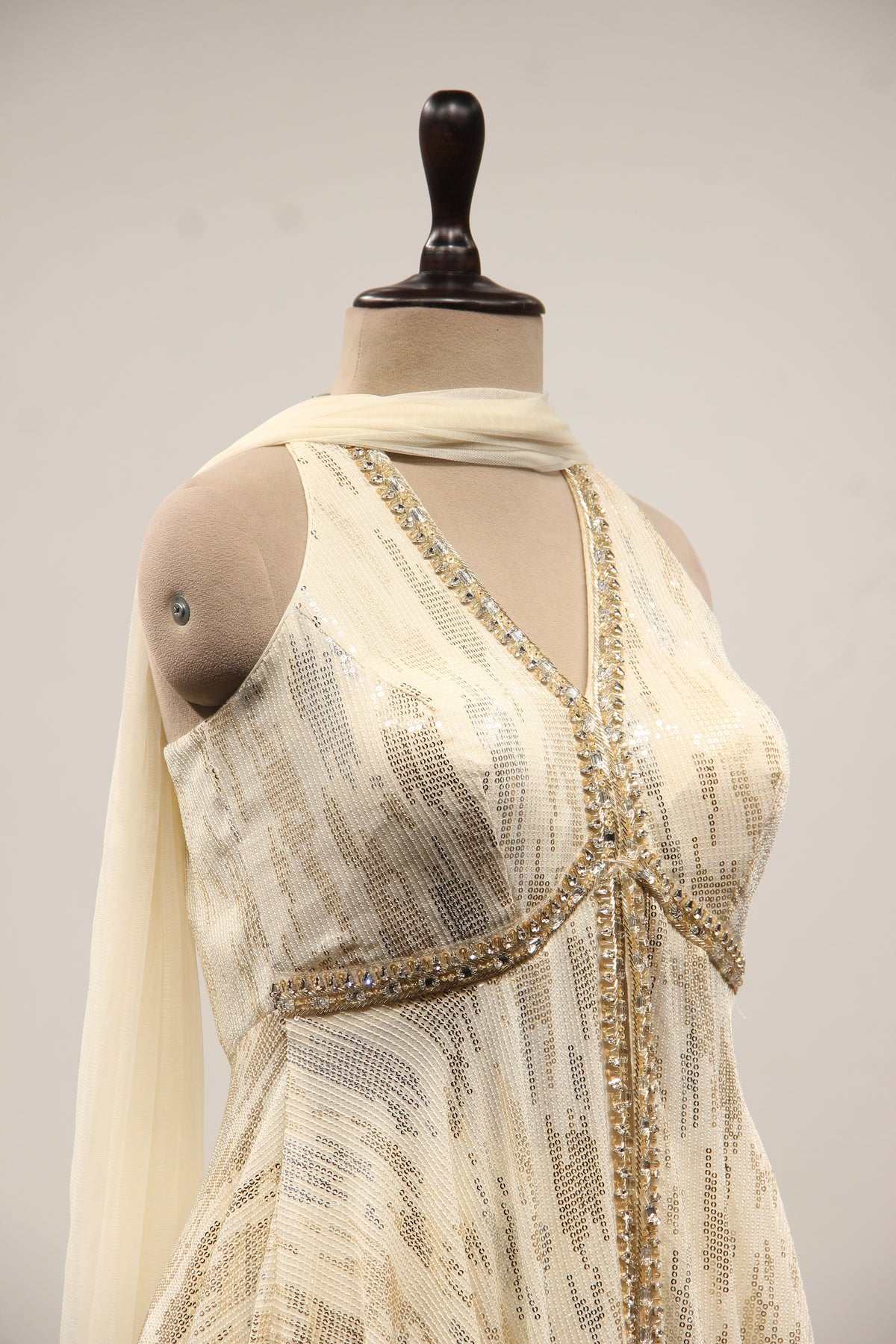 Imported Halter Peplum Indo Western with Sequin & Cut Dana Handwork in Cream – other side close-up