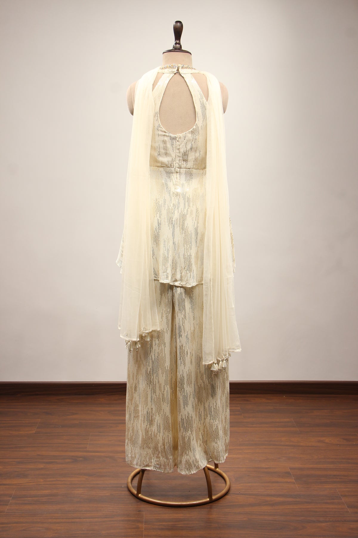 Imported Halter Peplum Indo Western with Sequin & Cut Dana Handwork in Cream – back view
