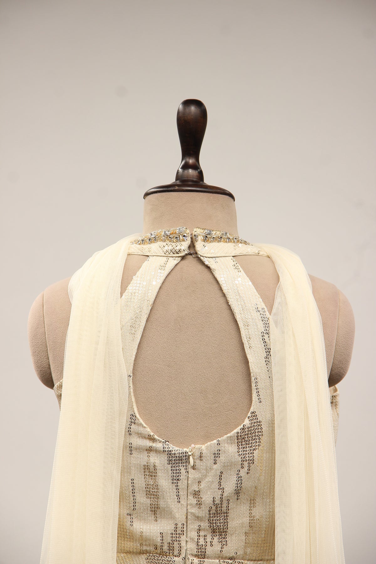 Imported Halter Peplum Indo Western with Sequin & Cut Dana Handwork in Cream – back close-up