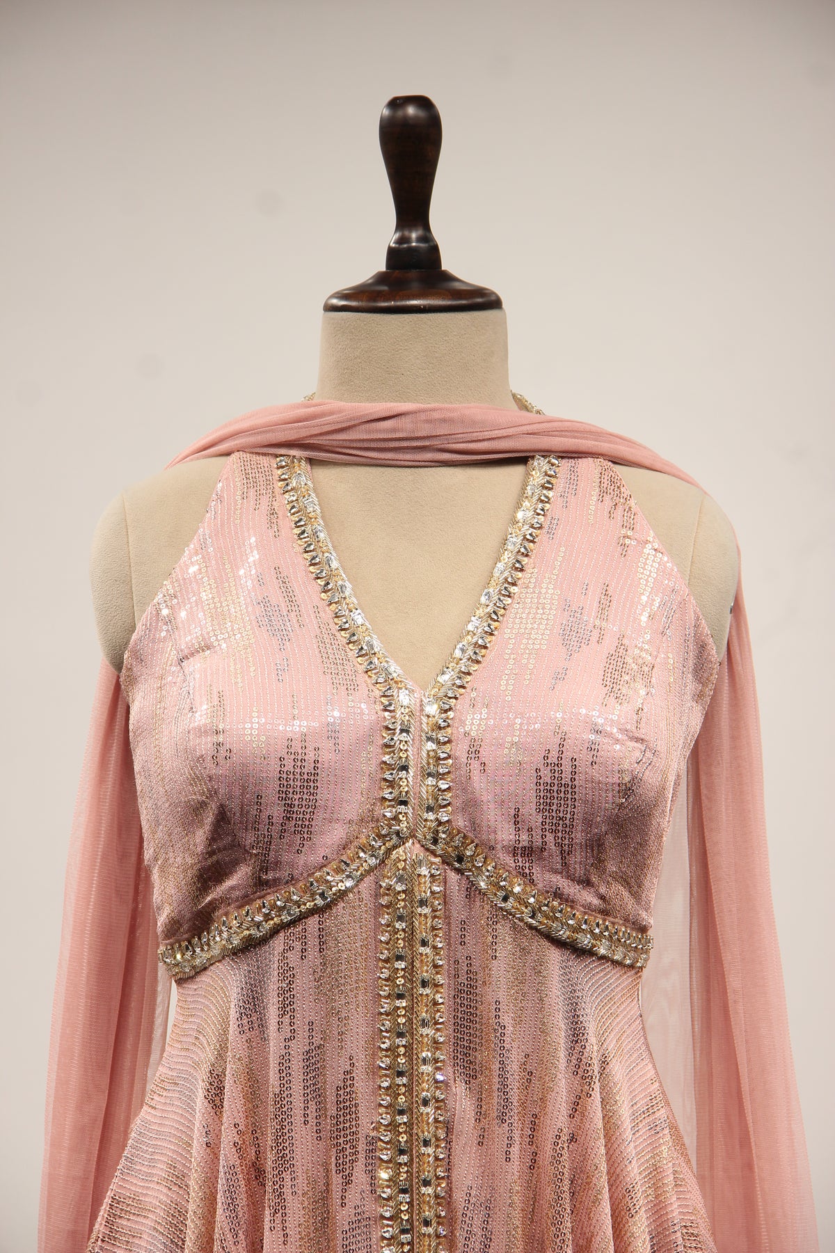 Imported Halter Peplum Indo Western with Sequin & Cut Dana Handwork in Pink – front close-up