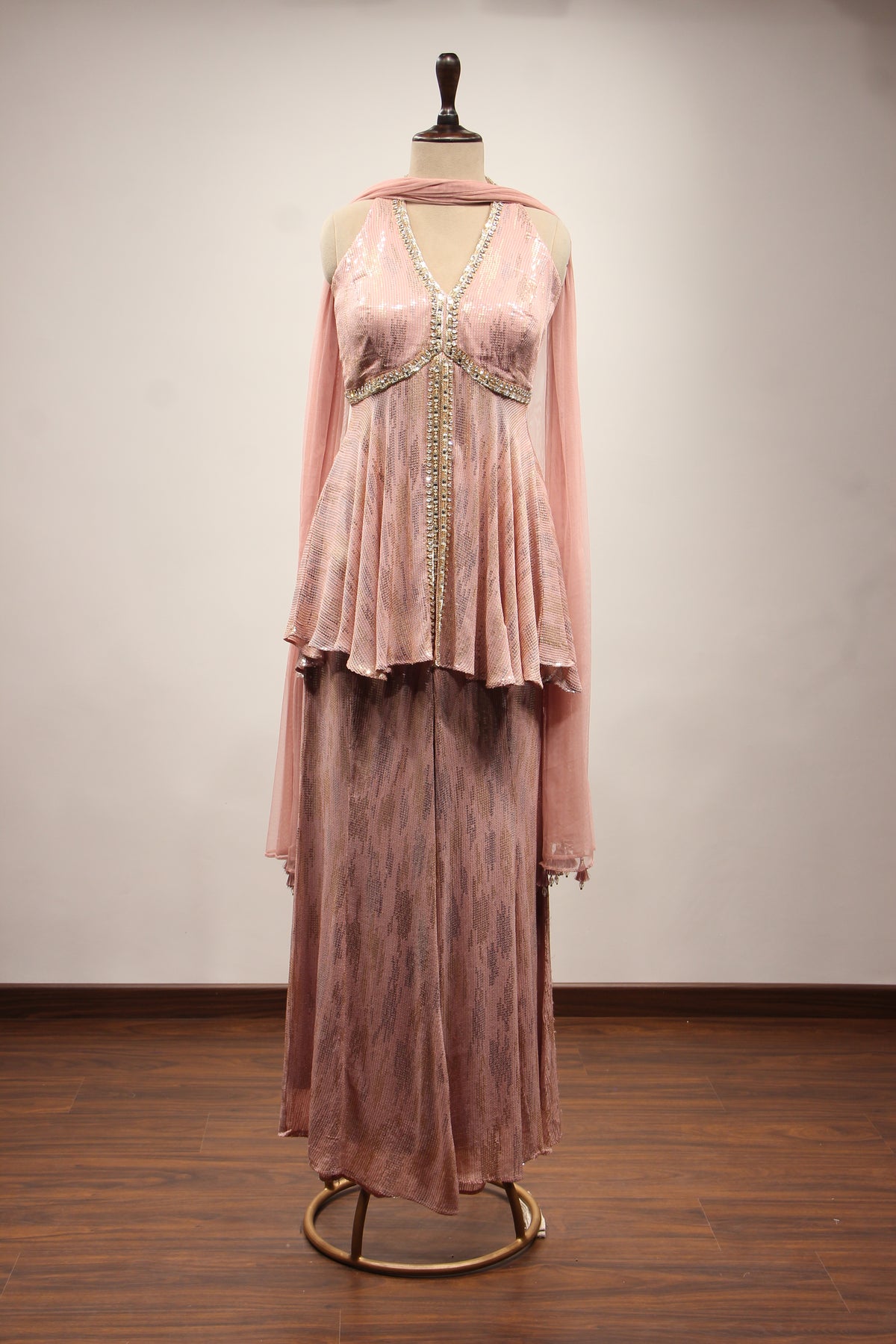 Imported Halter Peplum Indo Western with Sequin & Cut Dana Handwork in Pink – front view