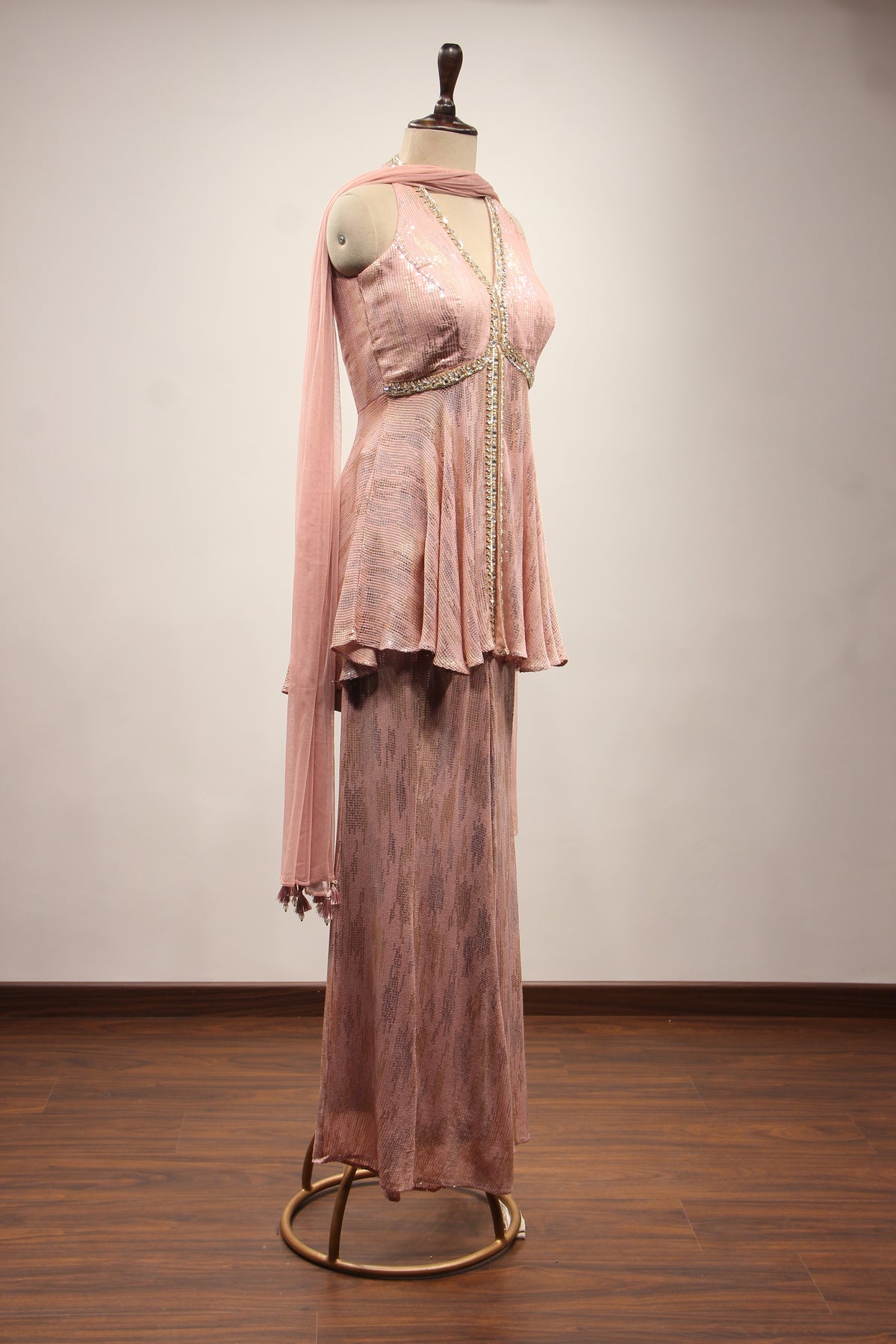 Imported Halter Peplum Indo Western with Sequin & Cut Dana Handwork in Pink – other side view