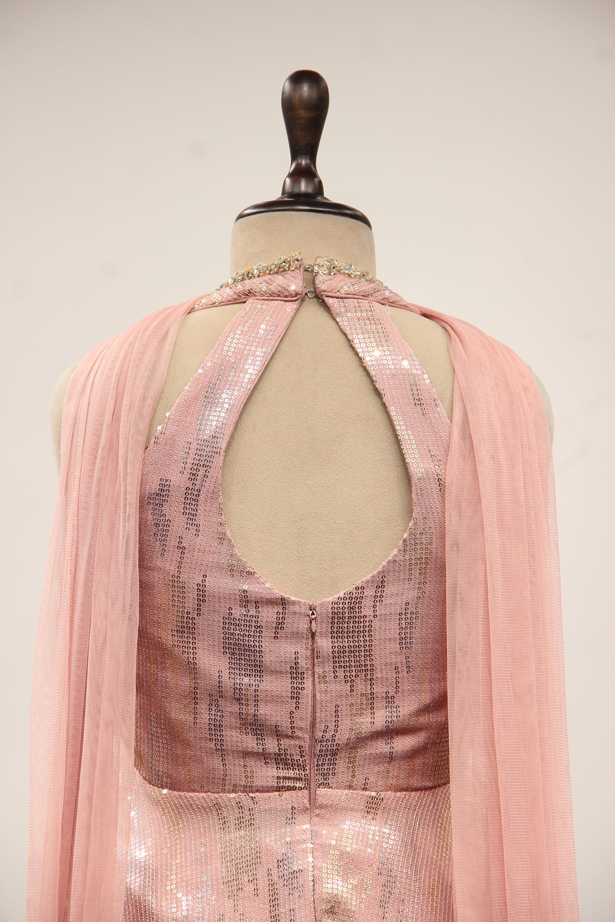 Imported Halter Peplum Indo Western with Sequin & Cut Dana Handwork in Pink – back close-up