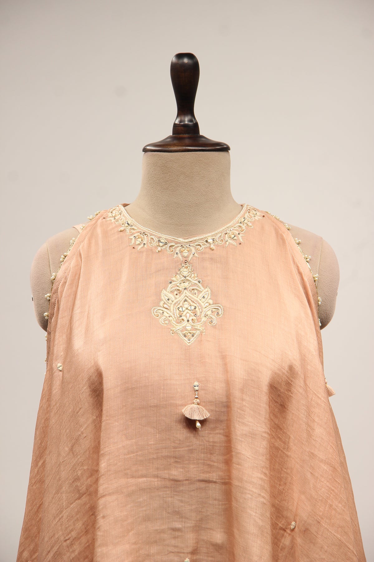 Peach Chanderi Long Top Indo Western with Mirror & Resham Handwork – front close-up