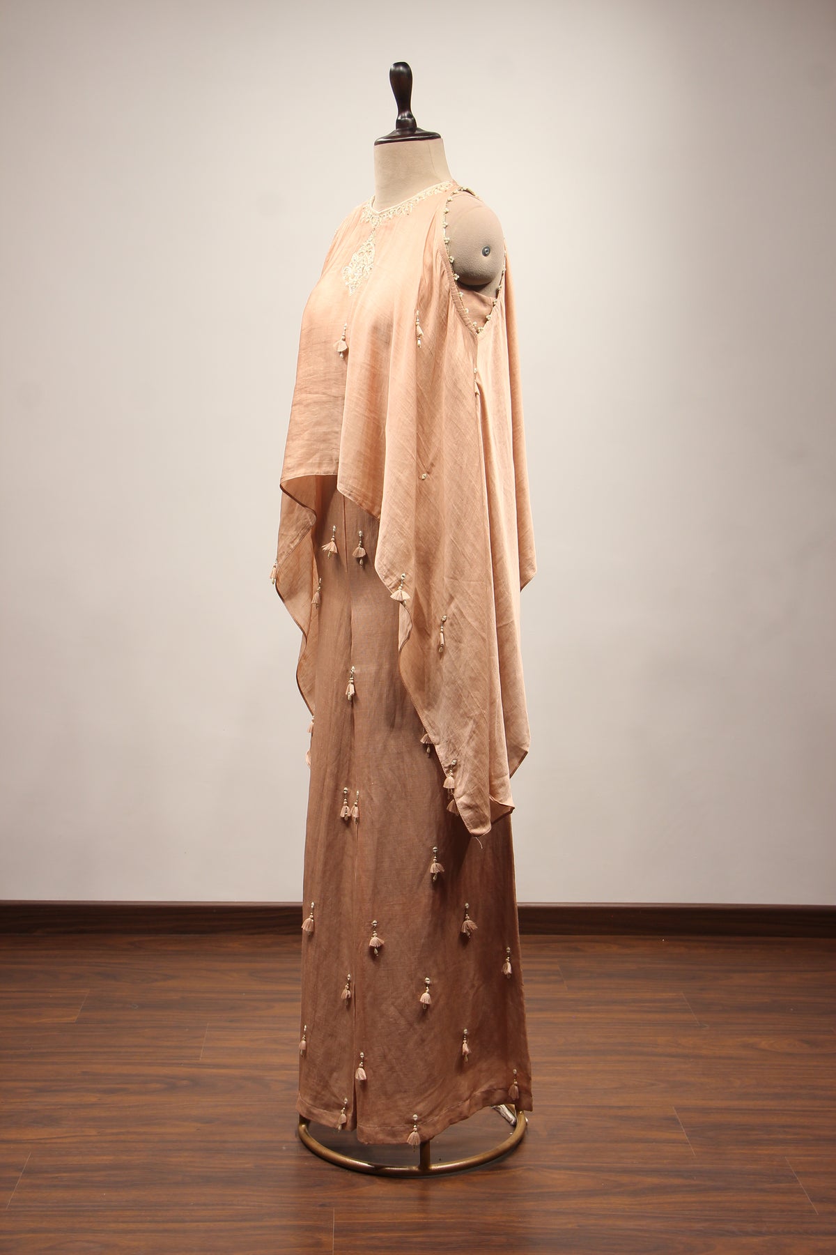 Peach Chanderi Long Top Indo Western with Mirror & Resham Handwork – side view