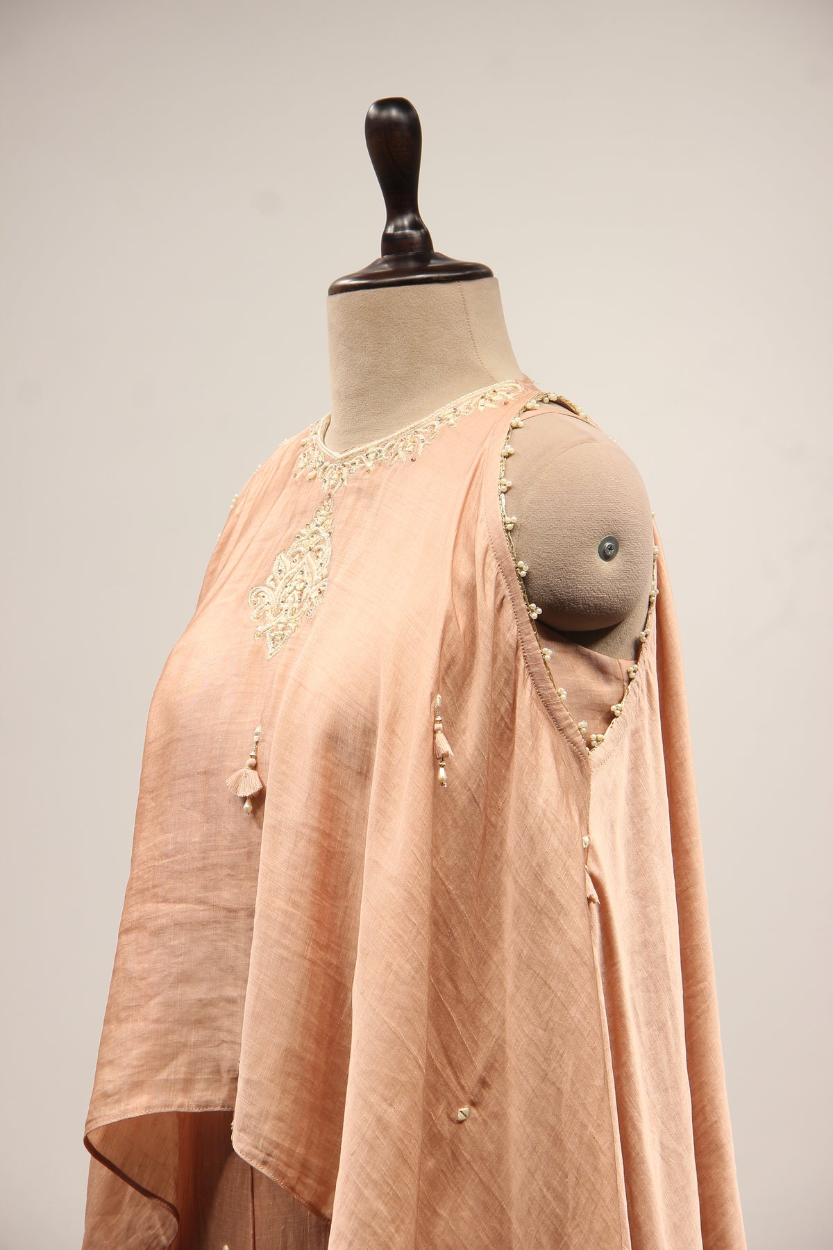 Peach Chanderi Long Top Indo Western with Mirror & Resham Handwork – side close-up