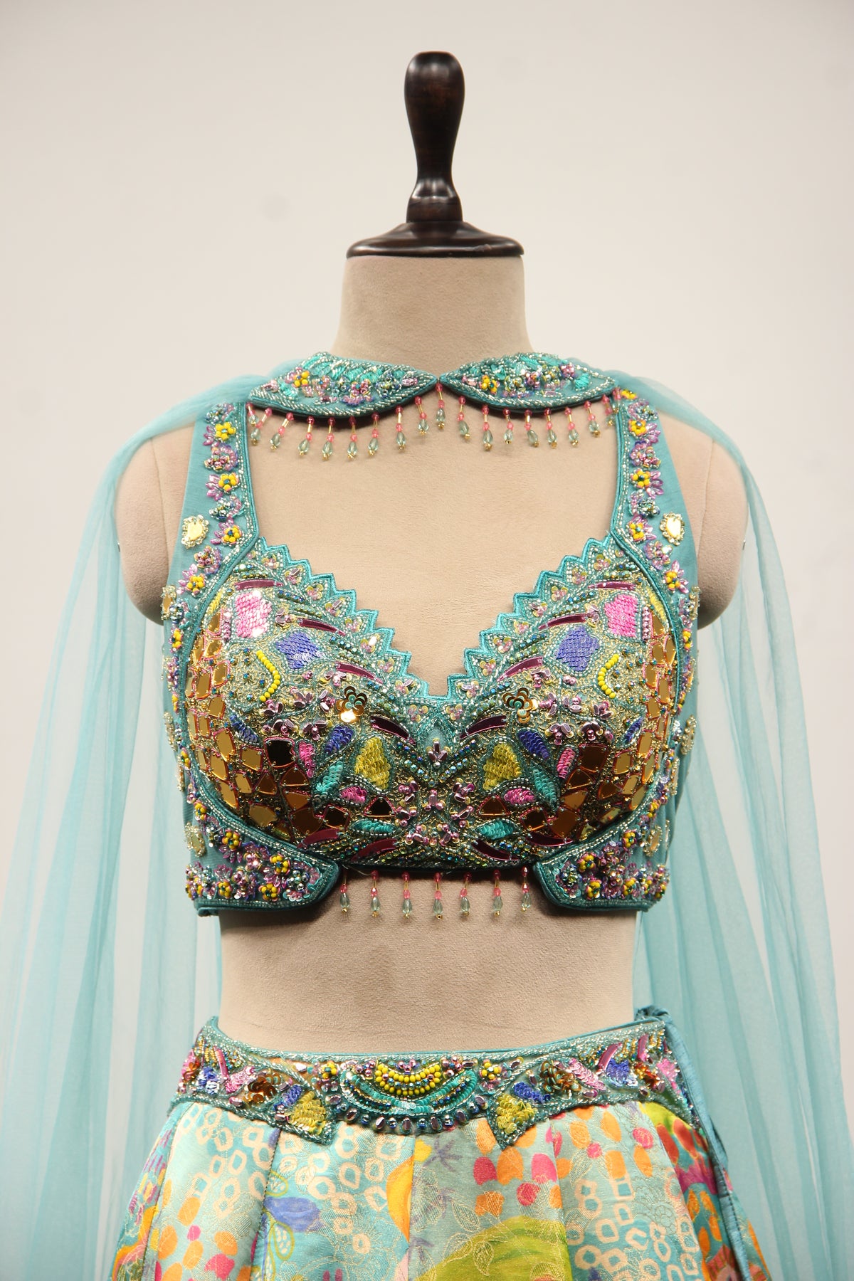 Blue Printed Tissue Lehenga with Hand Embroidery & Mirror Crop Top – front close-up