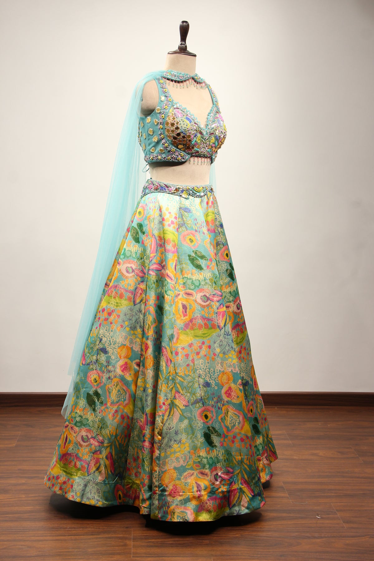 Blue Printed Tissue Lehenga with Hand Embroidery & Mirror Crop Top – other side view