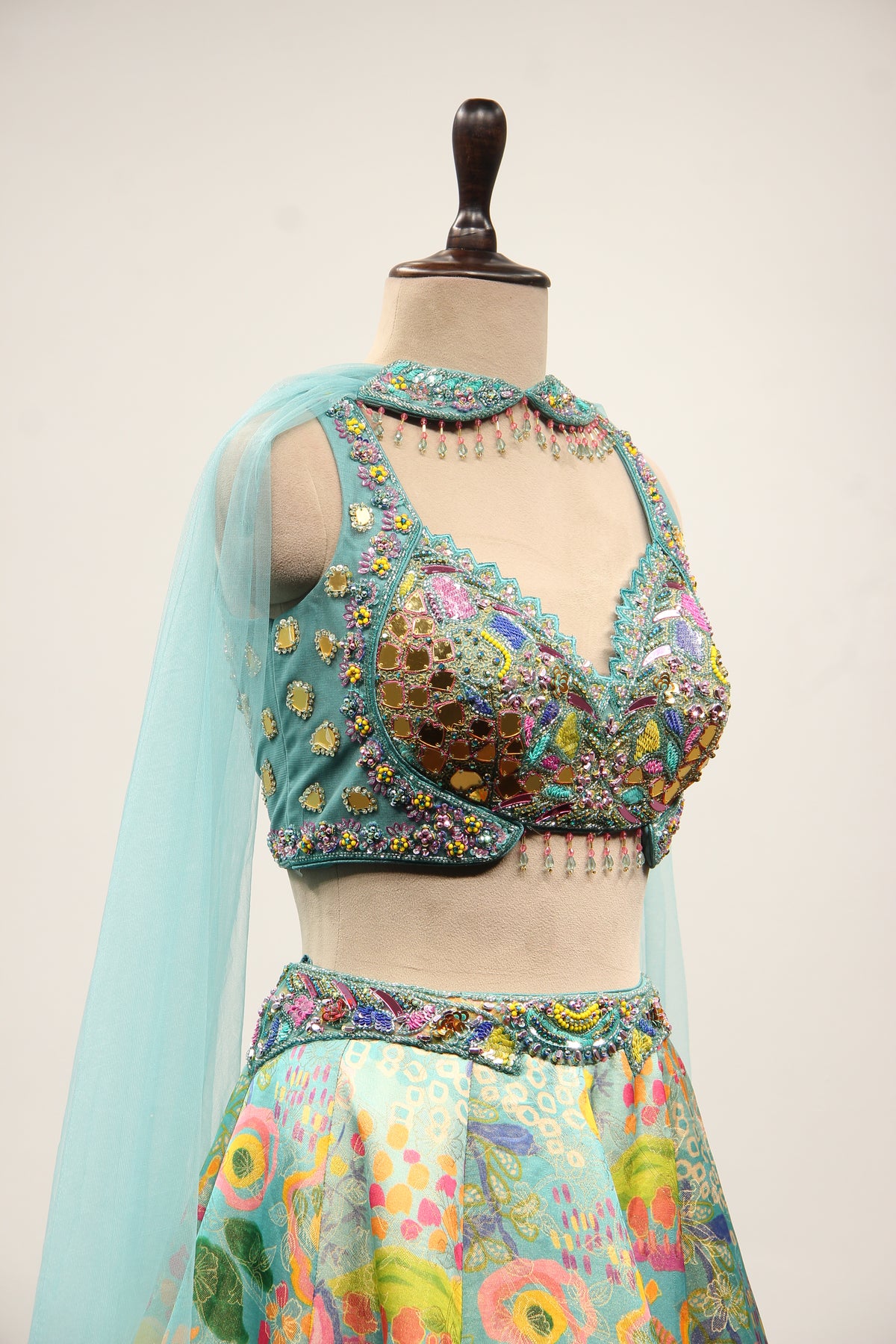Blue Printed Tissue Lehenga with Hand Embroidery & Mirror Crop Top – other side close-up