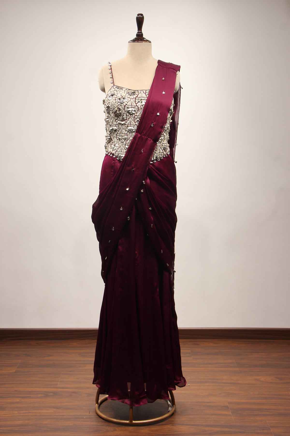 Wine Crepe Drape Saree with Zari & Sequin Handwork Strappy Corset – front view